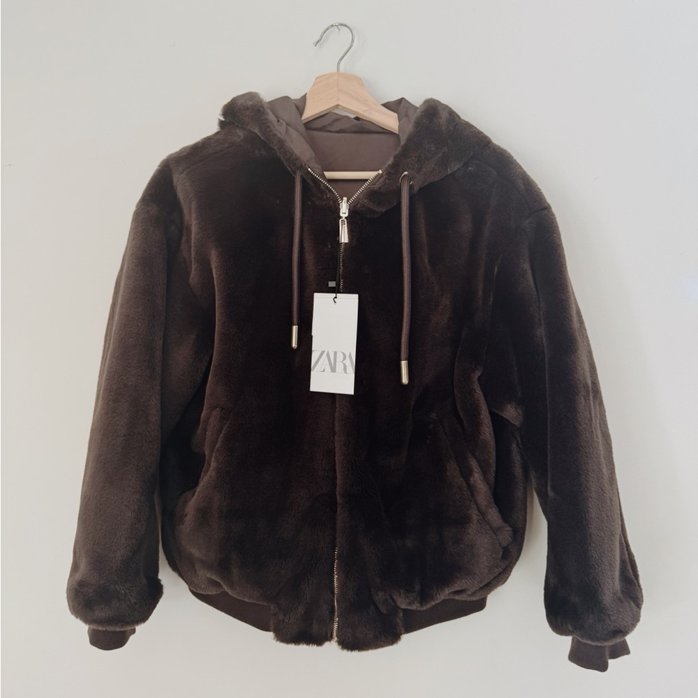 Zara Brown Reversible Faux Fur Bomber Jacket size XS